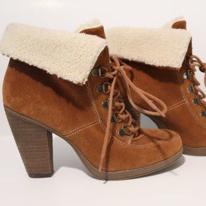 Bjorndal Boots Women's size 6 Wedge Brown Suede Leather Lace Up Fur Accent Brown